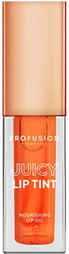 Profusion Juicy Lip Tint w kolorze Curious Coral w przezroczystej, prostokątnej butelce z miedzianą nakrętką, widok z przodu.