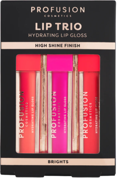 Front view of Profusion Lip Trio hydrating lip glosses in a black box, featuring three bright pink/red shades.