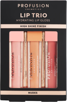 Profusion Lip Trio Hydrating Lip Gloss Nudes, czarne opakowanie z 3 błyszczykami o wysokim połysku, widok z przodu.