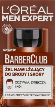 L'Oréal Men Expert BarberClub żel nawilżający do brody i skóry, brązowe pudełko z olejkiem cedrowym, widok przód.