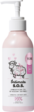Różowa butelka Yope Intimate S.O.S. Symbiotic Intimate Wash z białą pompką i etykietą z owcą, widok z przodu.