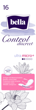 Opakowanie wkładek urologicznych Bella Control Discreet Ultra Micro+, z fioletowym logo i liliami wodnymi.