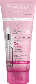 Eveline Body Shot Balsam-Serum do ciała z peptydami w różowej tubce, widok z przodu, z kroplomierzem.