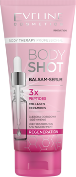 Eveline Body Shot Balsam-Serum do ciała z peptydami w różowej tubce, widok z przodu, z kroplomierzem.