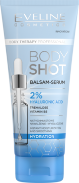 Niebieska tuba Eveline Body Shot Balsam-Serum HYDRATION, 2% kwas hialuronowy, z grafiką pipety.