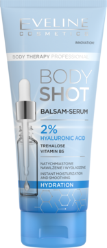 Niebieska tuba Eveline Body Shot Balsam-Serum HYDRATION, 2% kwas hialuronowy, z grafiką pipety.