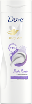 Biały balsam Dove Body Love Night Renew z niacynamidem, widok z przodu, z fioletowym motywem serum.