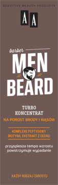 AA Men Beard Barber koncentrat na porost brody i wąsów w brązowym, prostokątnym opakowaniu, widok z przodu.