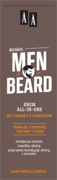 Krem AA Men Beard Barber All-in-one nawilżający do twarzy z zarostem, brązowa etykieta z brodatym logo.