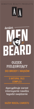 Opakowanie AA Men Beard Barber Olejek do brody i wąsów, brązowe, widok z przodu, z ikoną brodacza.