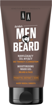 AA Men Beard nawilżający żel do twarzy i zarostu z probiotykami, brązowa tubka, widok z przodu.