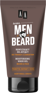 AA Men Beard nawilżający żel do twarzy i zarostu z probiotykami, brązowa tubka, widok z przodu.