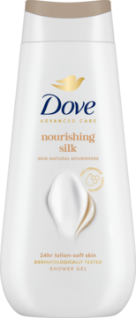 Żel Dove Advanced Care Nourishing Silk, biała butelka, złote logo, widok z przodu, napis 24hr lotion-soft skin.