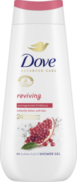 Biała butelka żelu Dove Advanced Care Reviving, z etykietą granatu i hibiskusa, widok z przodu.
