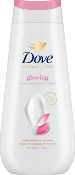 Biała butelka żelu pod prysznic Dove Advanced Care Glowing, ryż i lotos, widok z przodu.