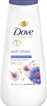 Biała butelka żelu Dove Advanced Care Anti-Stress Chamomile & Oat Milk, widok z przodu, z fioletową nakrętką.