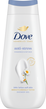 Żel pod prysznic Dove Advanced Care Anti-Stress, biała butelka, widok z przodu, z rumiankiem i owsem.