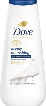 Biały żel pod prysznic Dove Advanced Care Deeply Nourishing, 0% SLES Sulfate, z niebieską nakrętką, widok z przodu.