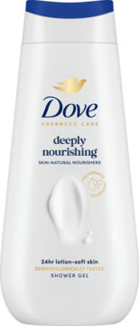Biała butelka żelu Dove Advanced Care Deeply Nourishing. Złote logo, niebieska nakrętka, widok z przodu.