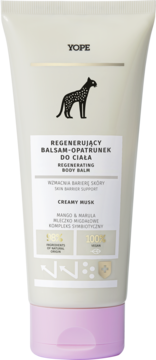 Regenerujący balsam Yope Creamy Musk w kremowej tubce z ilustracją lamparta, widok z przodu, różowa nakrętka.
