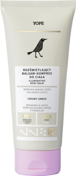 Rozświetlający balsam do ciała Yope Creamy Amber w beżowej tubce, różowa nakrętka, logo ptaka, widok z przodu.