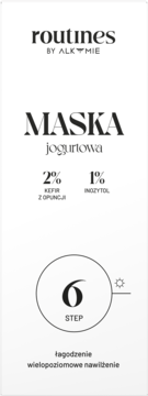 MASKA jogurtowa Routines BY ALKMIE, biała etykieta z przodu. Zawiera 2% kefiru i 1% inozytolu, nawilża i łagodzi.