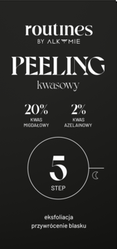 Pionowy baner Routines by Alkmie z czarnym tłem i białymi napisami, prezentujący kwasowy peeling z 20% kwasem migdałowym.