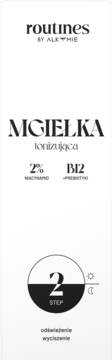 Biała etykieta mgiełki tonizującej Routines by Alkemie z niacynamidem i B12, etap 2, widok z przodu.