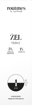 Białe opakowanie żelu do mycia twarzy Routines by Alkmie, 5% minerałów, 1% prebiotyków, krok 1, front.