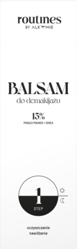 Białe opakowanie Balsamu Routines by Alkmie do demakijażu z masłem mango i shea, z napisem "1 STEP".