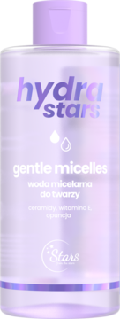 Fioletowa butelka wody micelarnej Hydra Stars Gentle Micelles, widok z przodu, z ceramidami i witaminą E.