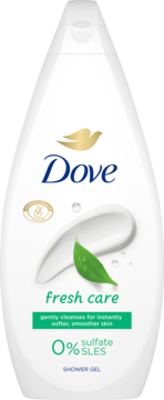 Biały żel pod prysznic Dove Fresh Care w butelce, widoczny przód z grafiką liścia i napisem 0% sulfate SLES.