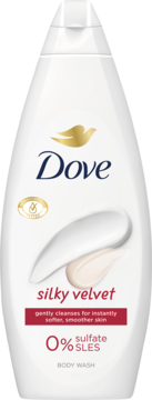 Biała butelka żelu pod prysznic Dove Silky Velvet z kremowymi wzorami, '0% sulfate SLES', widok z przodu.