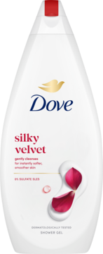 Żel Dove Silky Velvet w białej butelce z motywem różanych płatków, dla miękkiej skóry, widok z przodu.