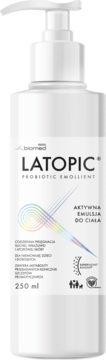 Biała butelka Latopic Aktywna Emulsja do Ciała 250ml z pompką, widok z przodu, kolorowa grafika.