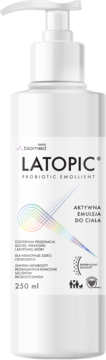 Biała butelka Latopic Aktywna Emulsja do Ciała 250ml z pompką, widok z przodu, kolorowa grafika.