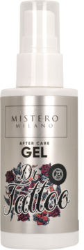 Srebrna butelka Mistero Milano Dr Tattoo After Care Gel, z etykietą w róże i białym atomizerem, widok z przodu.