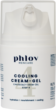 Biały krem-żel Phlov Mencare Cooling dla mężczyzn, widok z przodu, z pompką, nawilżający i chłodzący.