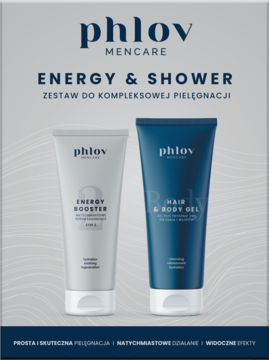 Phlov Mencare Energy & Shower: białe serum Energy Booster 50ml i niebieski żel Hair & Body 100ml.