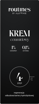 Czarny kartonik kremu ceramidowego Alkmie Routines z białymi napisami, widoczny 4 STEP, ceramidy i ektoina.
