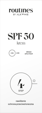 Białe opakowanie nawilżającego kremu Routines by Alkmie SPF 50, z tekstem UVA UVB BROAD SPECTRUM, widok z przodu.