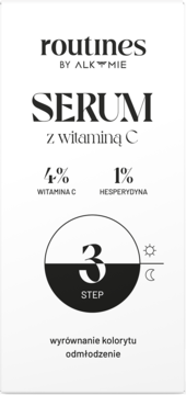 Alkmie Routines serum z witaminą C, białe opakowanie z napisem 'SERUM' i składem 4% wit. C, 1% hesperydyna.