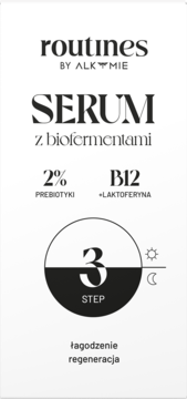Etykieta serum Routines by Alkmie, biała z czarnym tekstem. Zawiera 2% prebiotyków, B12, z biofermentami.