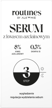 Białe opakowanie serum Routines by Alkmie z 8% kwasem azelainowym. Na dzień i noc, reguluje sebum i wygładza.