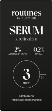 Serum z retinalem Routines by Alkmie, czarna etykieta z białymi napisami i informacjami o składnikach aktywnych.