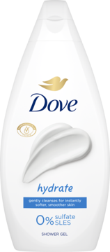 Biała butelka żelu Dove Hydrate Shower Gel 0% Sulfate SLES, z kremowym wzorem, widok z przodu.