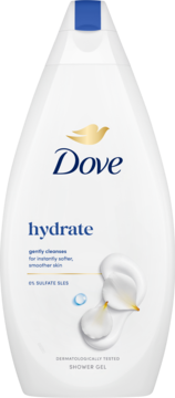 Nawilżający żel pod prysznic Dove Hydrate, biała butelka z niebieską nakrętką, logo i grafiką kremu, widok z przodu.