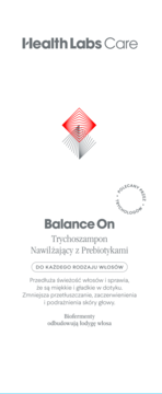 Białe opakowanie Health Labs Care Balance On Trychoszampon Nawilżający z Prebiotykami, widok z przodu, z czerwonym logo.