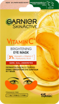 Garnier Vitamin C Brightening Eye Mask, żółto-pomarańczowa saszetka, widok z przodu, na ciemne cienie.