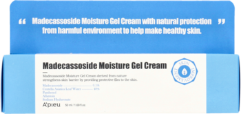 A'pieu Madecassoside Moisture Gel Cream, blue & white box, front view with open top flap detailing skin protection.